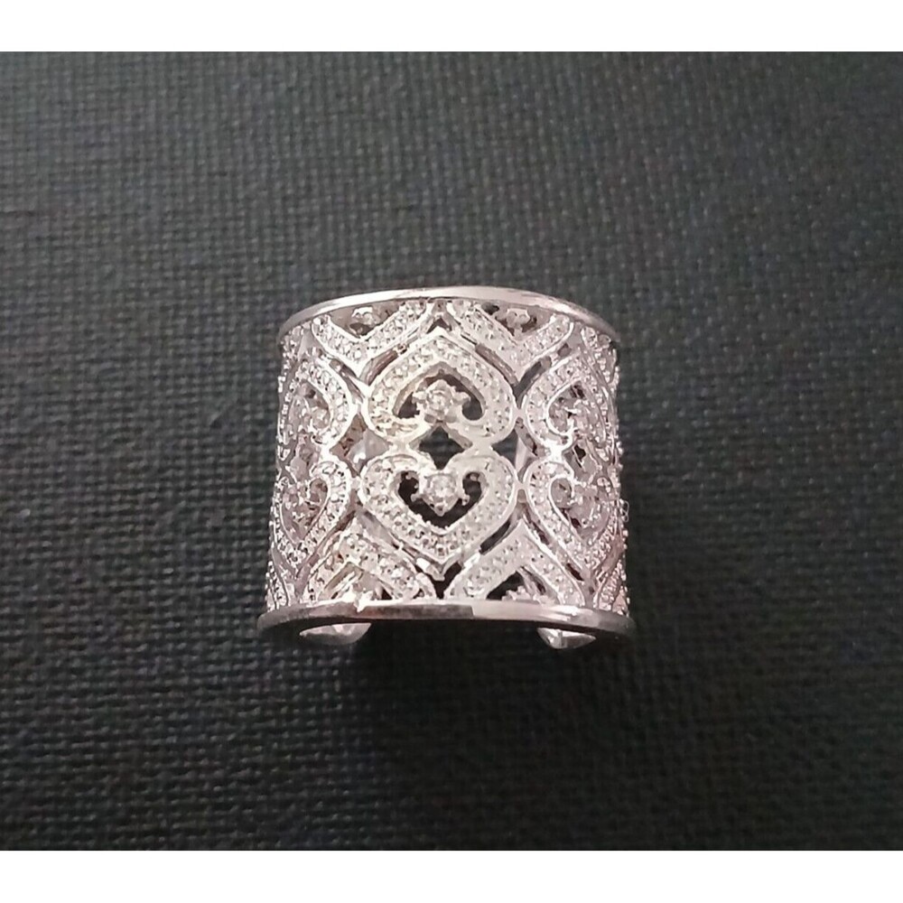 925 Sterling Silver Tall Cuff Style Cigar Band Heart Ring Open Filigree Boho - Picture 5 of 10